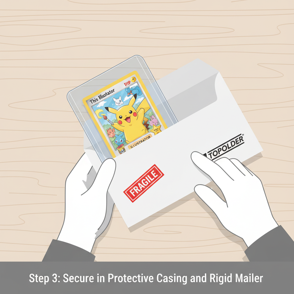 close-up of rare Pokémon Illustrator card being carefully packaged in protective slab and rigid mailer on clean desk, professional lighting, detailed textures