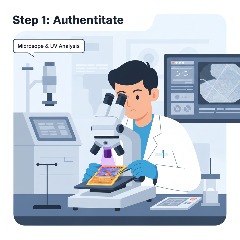 expert authenticator examining rare Pokémon card under microscope and UV light in professional lab, focused and precise, high-tech equipment