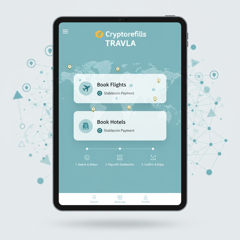 sleek app interface showing Cryptorefills Travala booking flights hotels with stablecoins, modern UI, global map overlay