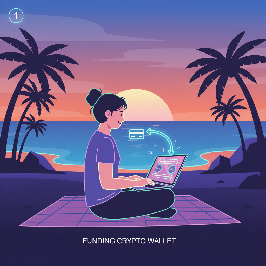digital nomad at laptop funding crypto wallet with USDC USDT, futuristic neon glow, beach sunset background