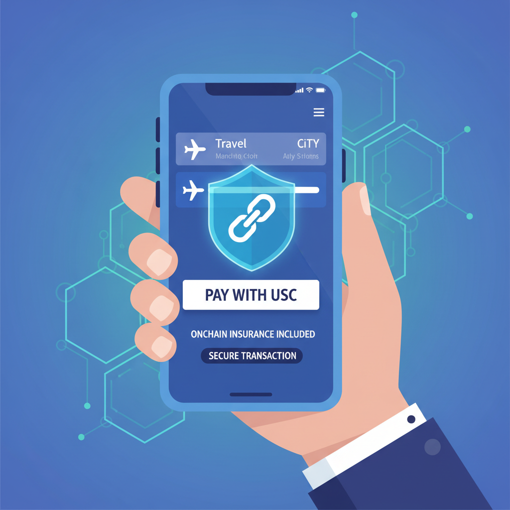 hand paying with USDC on travel app, onchain insurance shield icon glowing, secure futuristic transaction