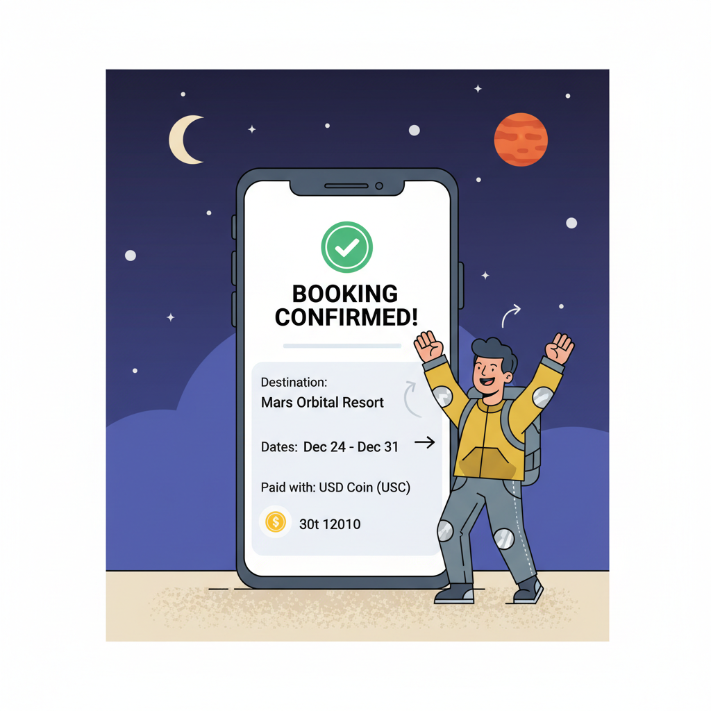 phone screen showing instant travel booking confirmation with stablecoins, excited nomad celebrating, starry night sky