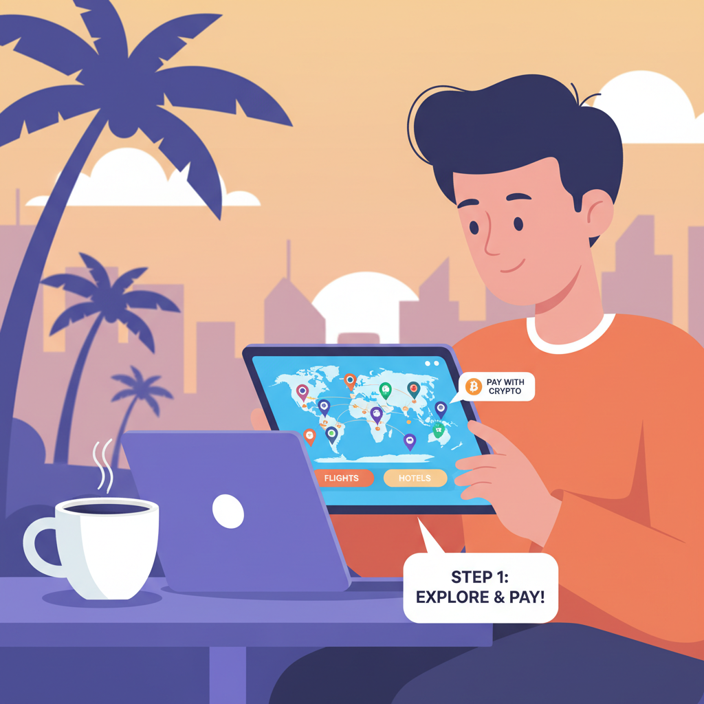 digital nomad browsing flight hotel options on crypto travel app, vibrant world map pins, aspirational vibe