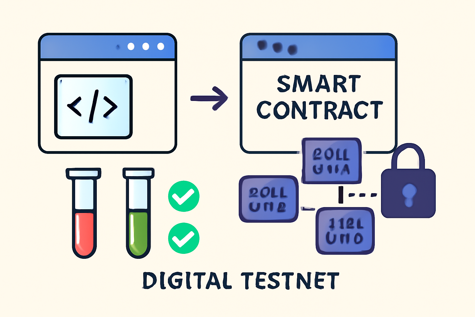 A digital testnet environment with smart contracts being deployed, test tubes and checkmarks, and encrypted data flowing securely.