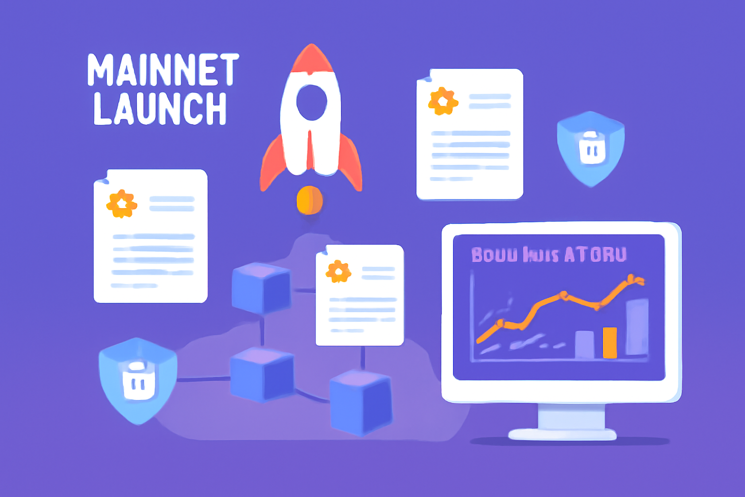 A celebratory mainnet launch scene with a rocket, smart contracts floating on a blockchain, and a dashboard monitoring real-time activity, all surrounded by privacy shields.