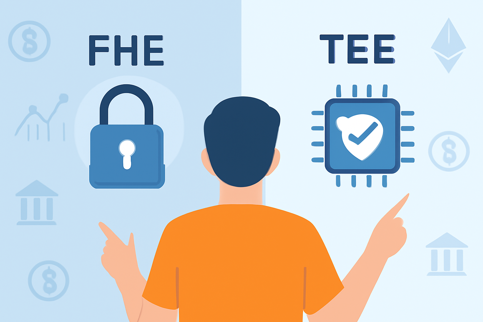 A split screen showing a blockchain developer choosing between a futuristic lock symbolizing FHE and a secure processor chip symbolizing TEE, with DeFi icons in the background.