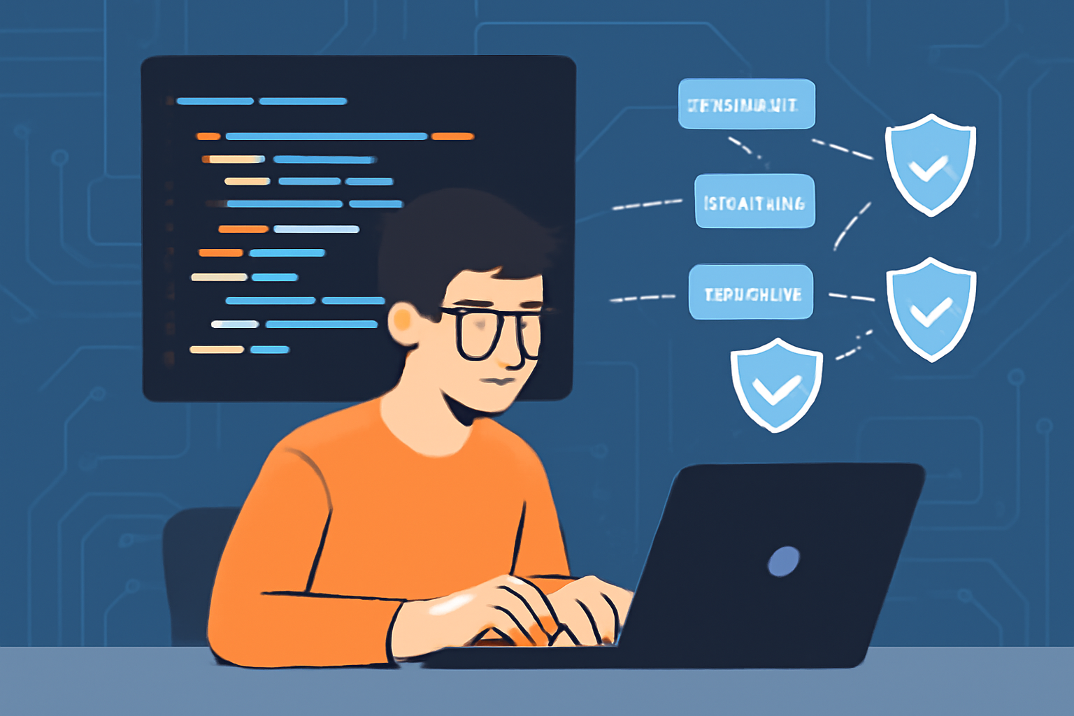 A developer coding on a laptop, with lines of code transforming into encrypted data symbols and shield icons, set in a high-tech environment.