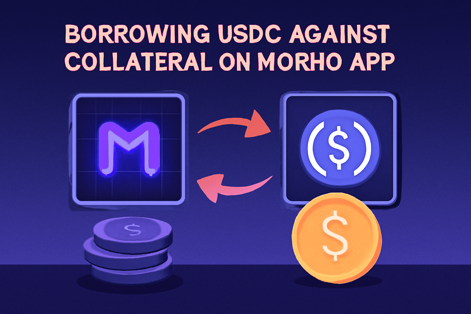 borrowing USDC against collateral on Morpho app, looping arrows, cyberpunk finance art