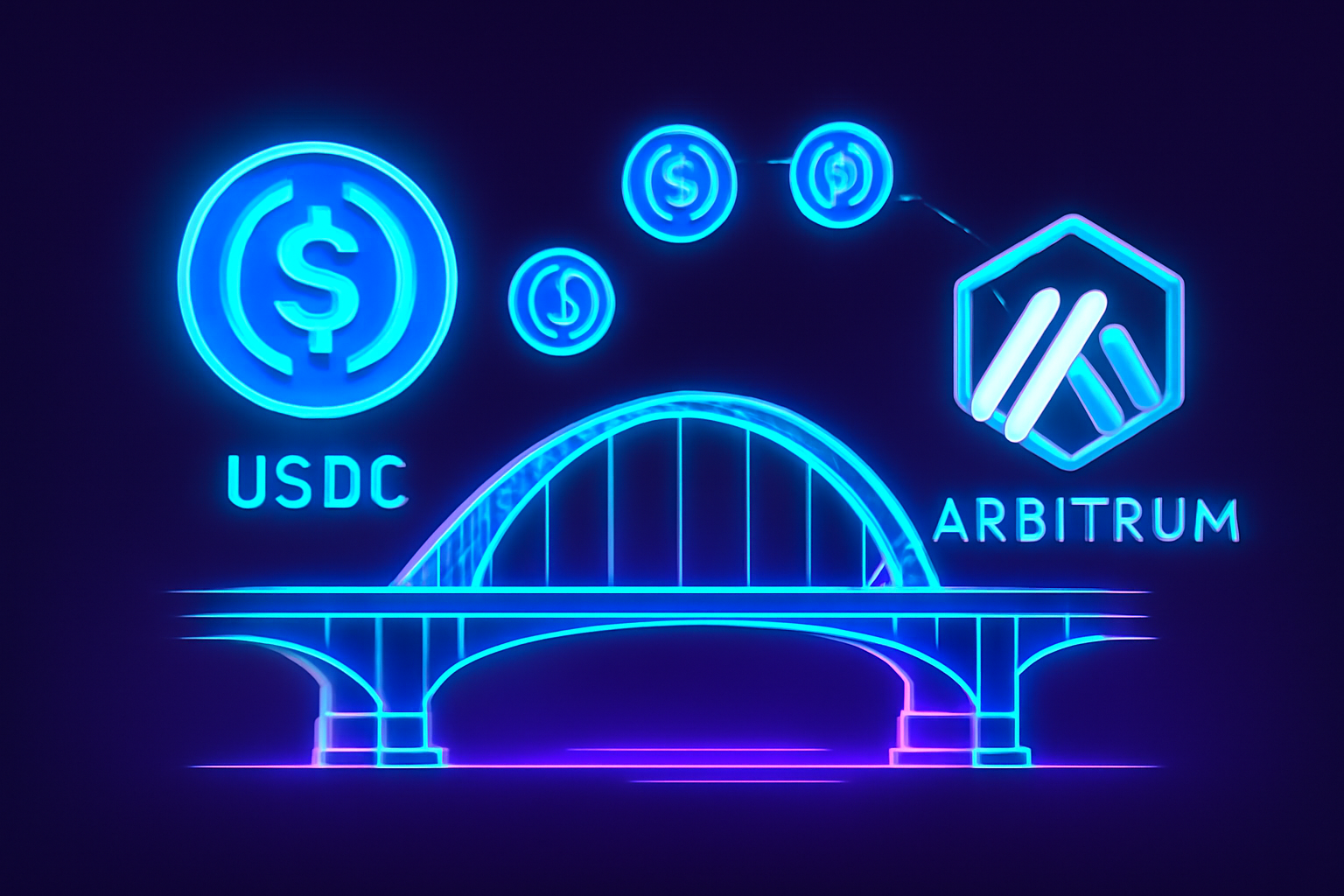 futuristic bridge transferring glowing USDC tokens to Arbitrum chain, neon DeFi style