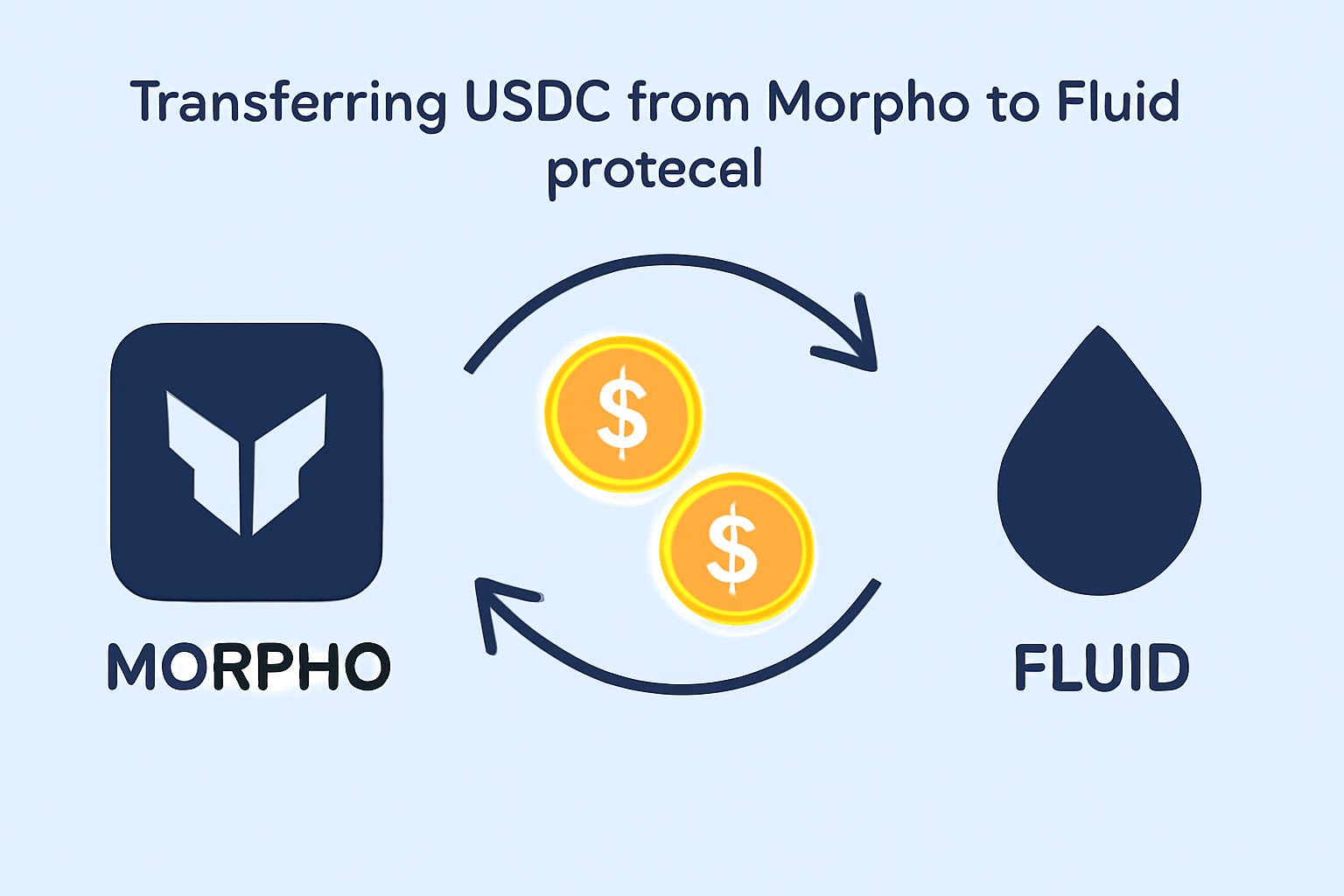 transferring USDC from Morpho to Fluid protocol, recursive loop visualization, glowing stablecoins