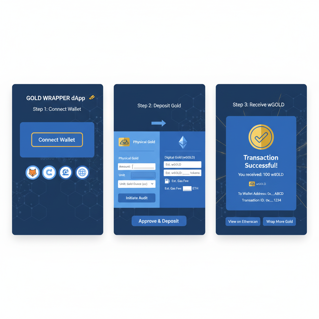 Clean DeFi dApp interface for gold vault wrapping Ethereum network