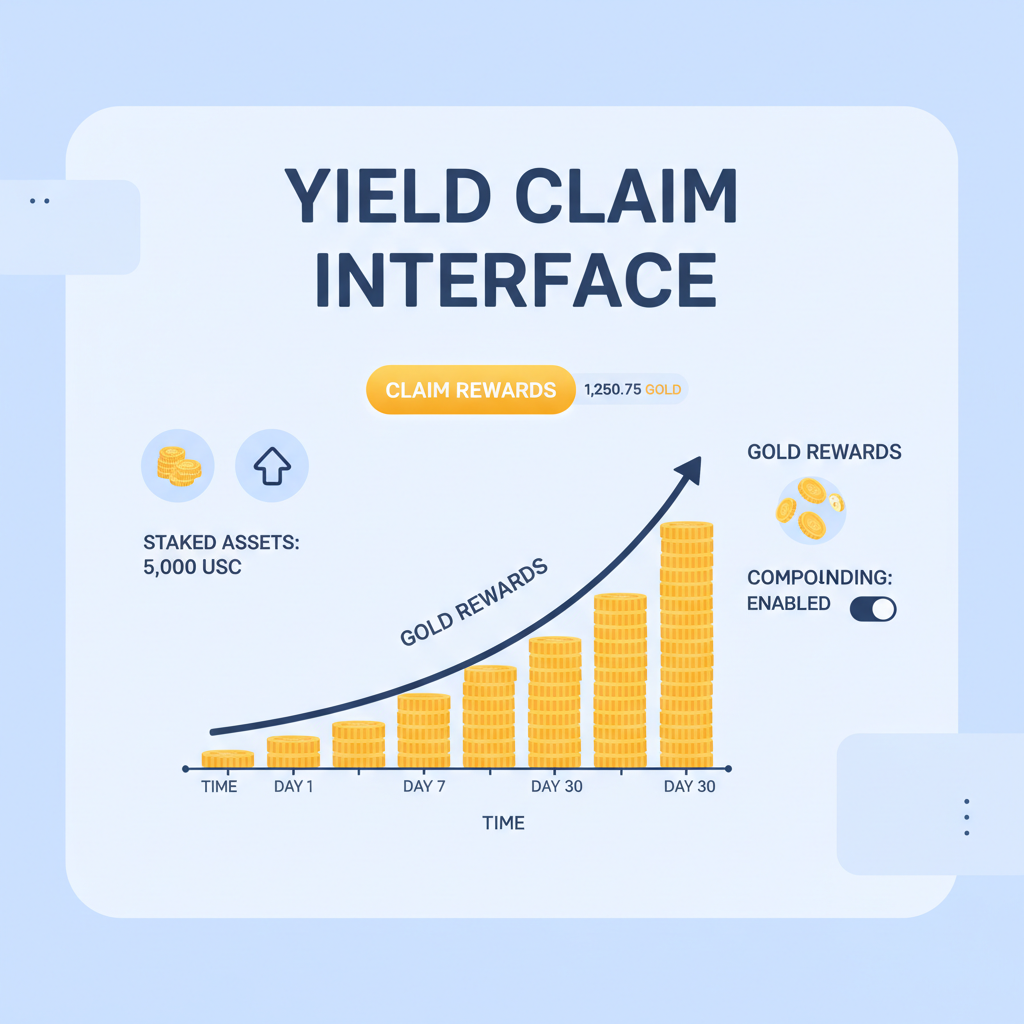 Yield claim interface gold coins compounding graph DeFi rewards