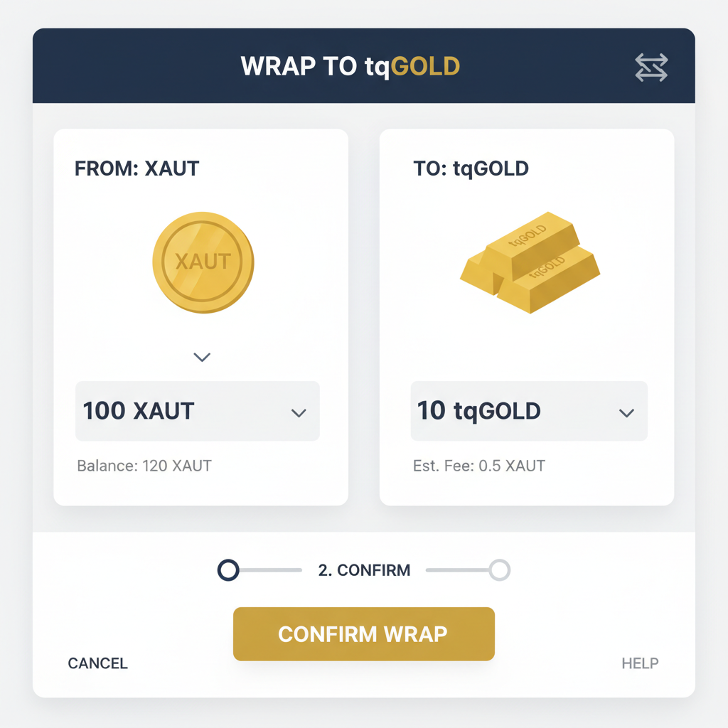 Transaction screen wrapping XAUT to tqGOLD tokens gold bars UI