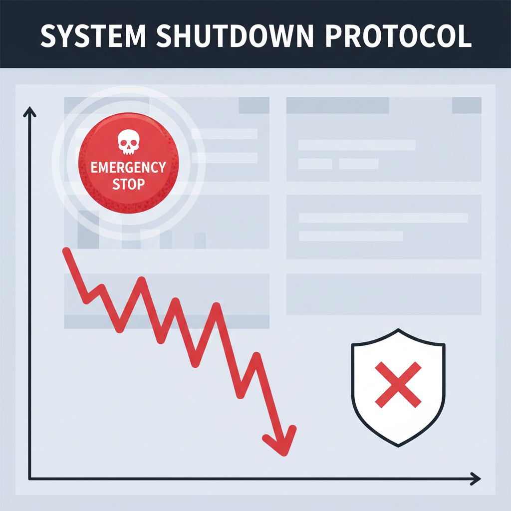 red emergency kill switch button pressed on trading dashboard with downward chart arrow and shield icon