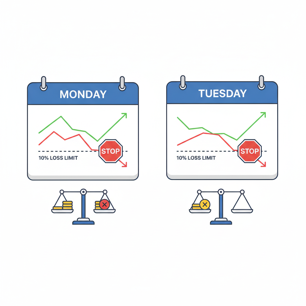 calendar resetting daily P&L chart with stop sign at 10% loss line and balance scale