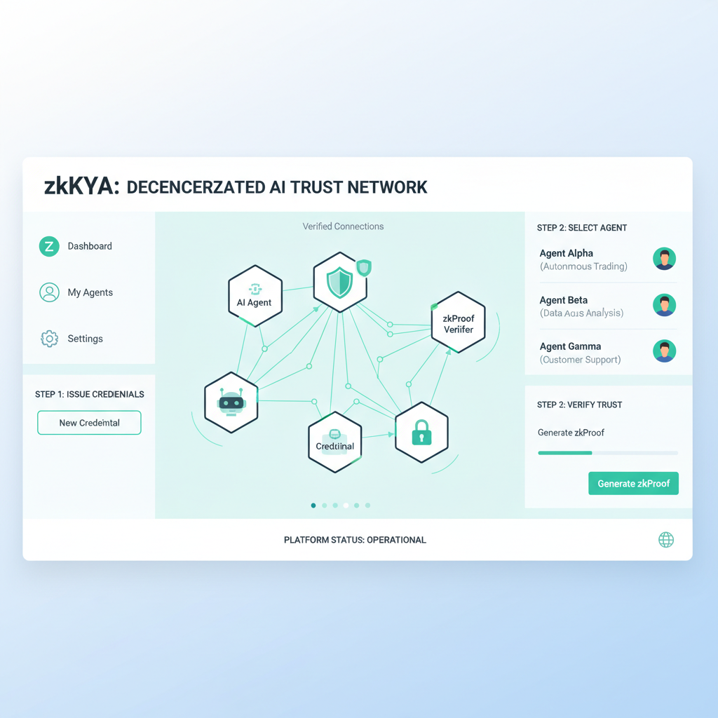 zkKYA platform dashboard for AI agent credentials, decentralized trust network visualization