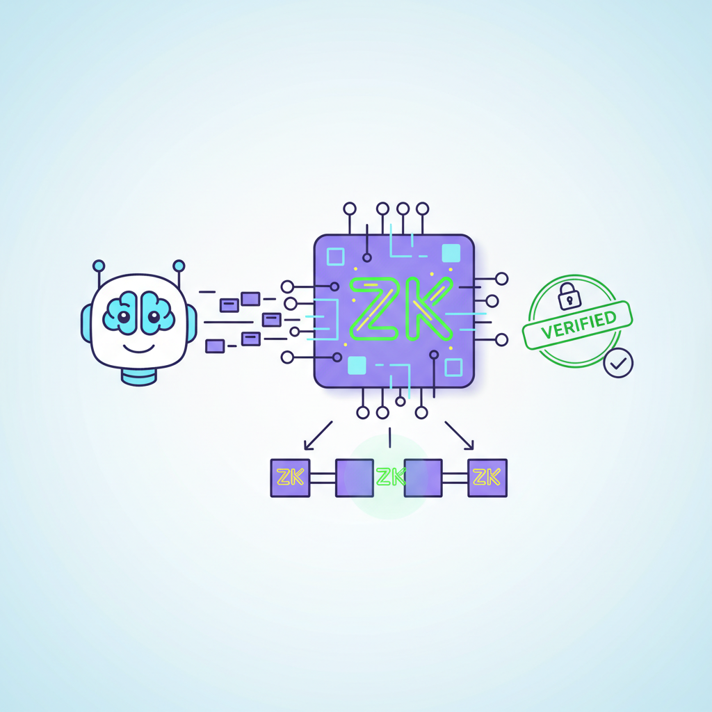 Zero-knowledge proof circuit verifying AI agent credentials, glowing ZK symbols on blockchain