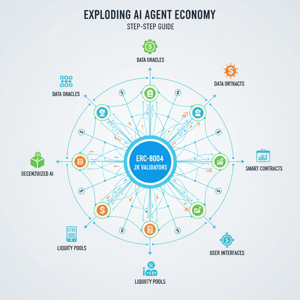 Exploding $10B AI agent economy graph with ERC-8004 and ZK validators at center