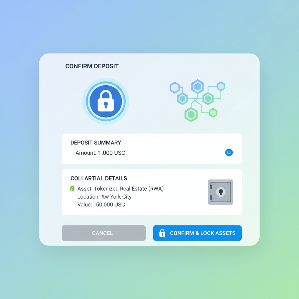confirmation screen for DeFi deposit with RWA collateral details, secure lock icons, blockchain visualization