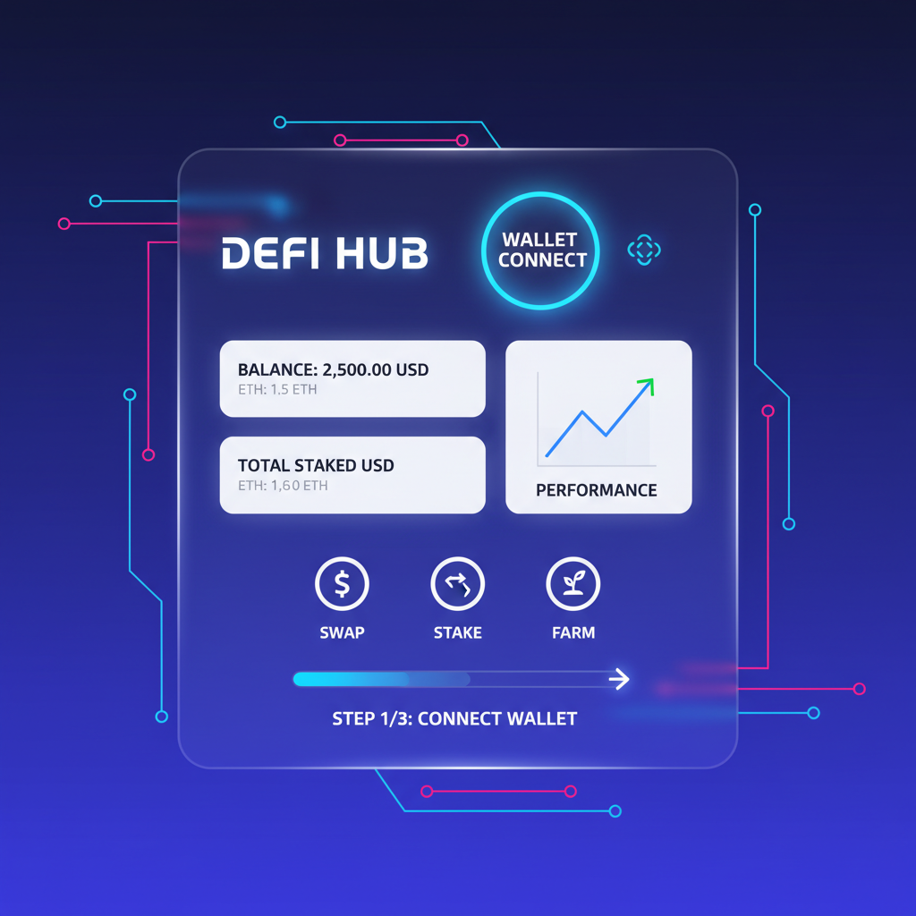 sleek DeFi dashboard with wallet connect button glowing blue, futuristic UI, neon accents