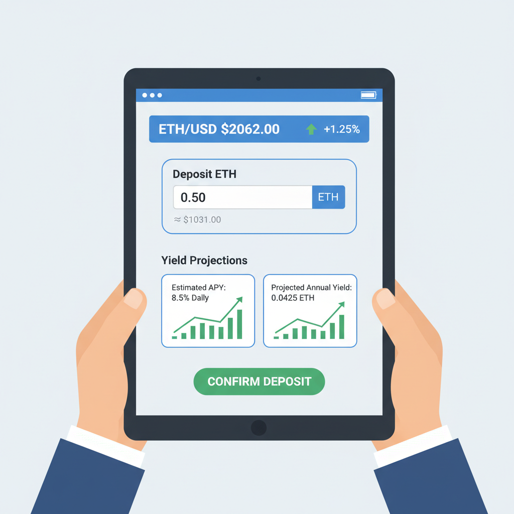 input field for ETH deposit on DeFi platform, price ticker showing $2062, yield projections visible