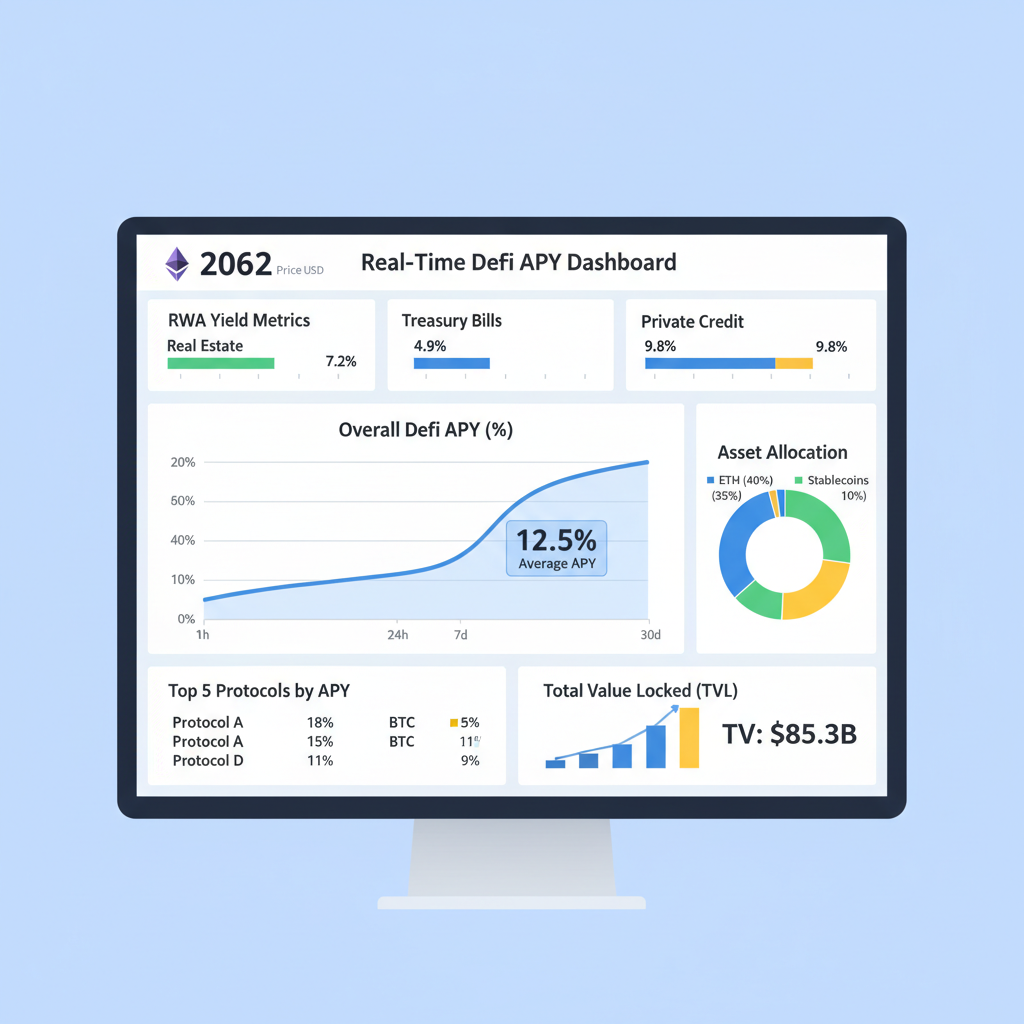 real-time DeFi APY dashboard with charts, ETH price $2062, RWA yield metrics, professional graphs