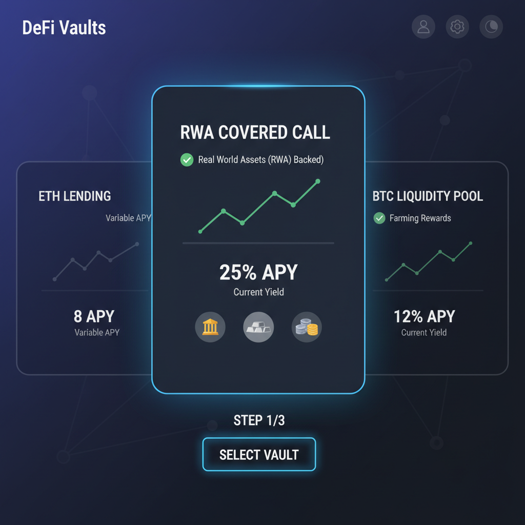 DeFi vault selection screen highlighting RWA covered call option, charts showing 25% APY, dark mode interface