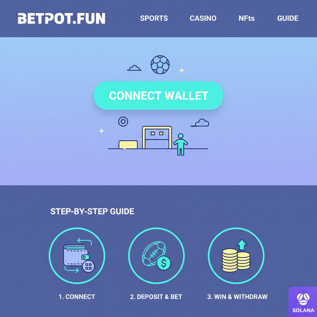 betpot.fun homepage with connect wallet button highlighted, modern web3 design, football icons, Solana logo