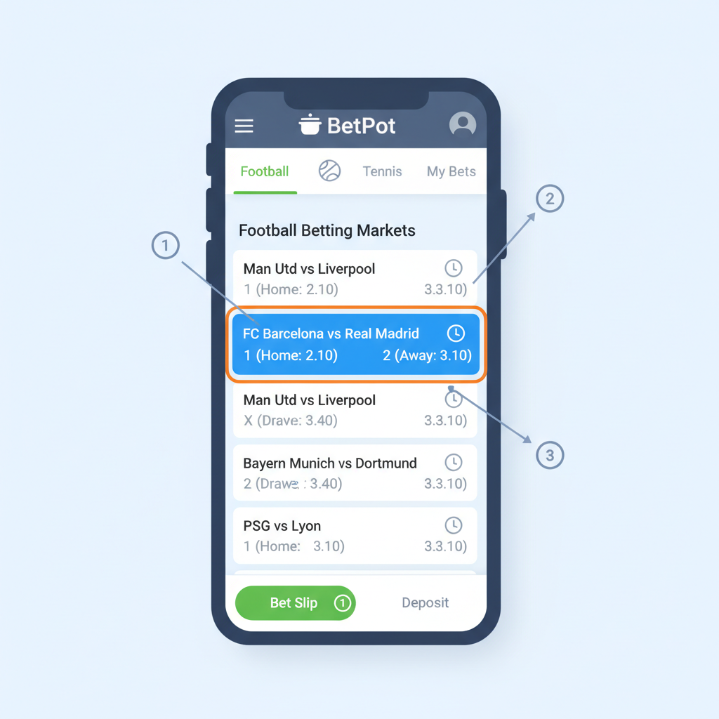BetPot dashboard showing football betting markets list, selected match highlighted, clean mobile-friendly UI