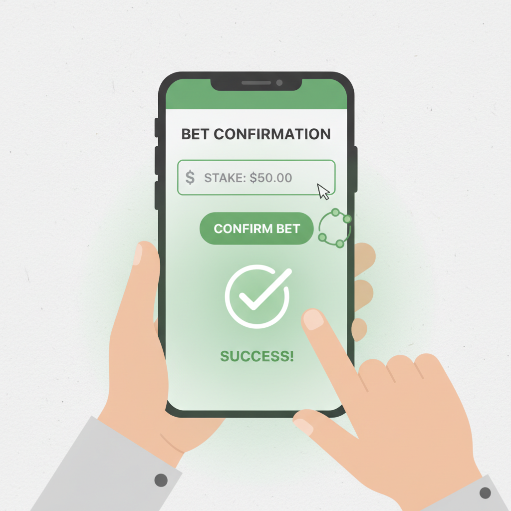 BetPot betting confirmation screen with stake input, confirm button, transaction animation, green success glow