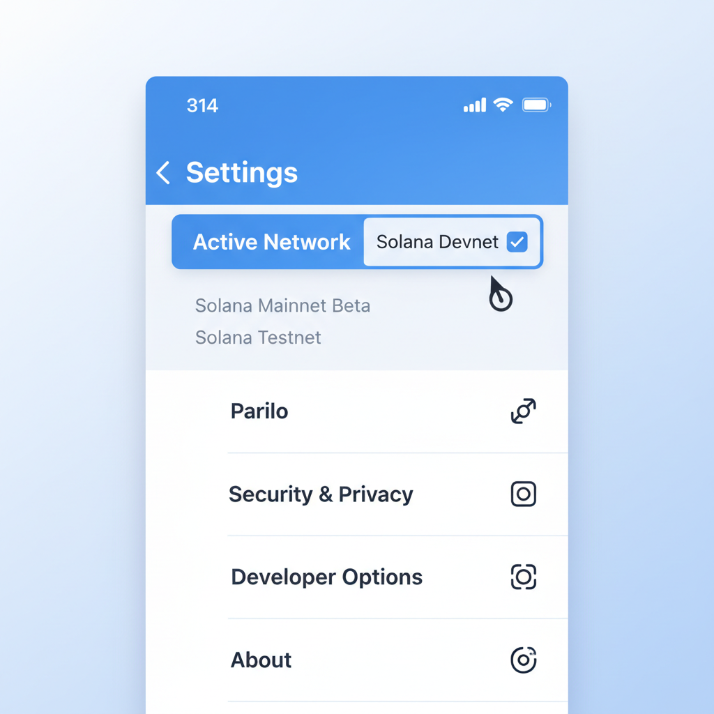 clean screenshot of Phantom wallet settings menu showing Solana Devnet selection, modern UI, blue tones