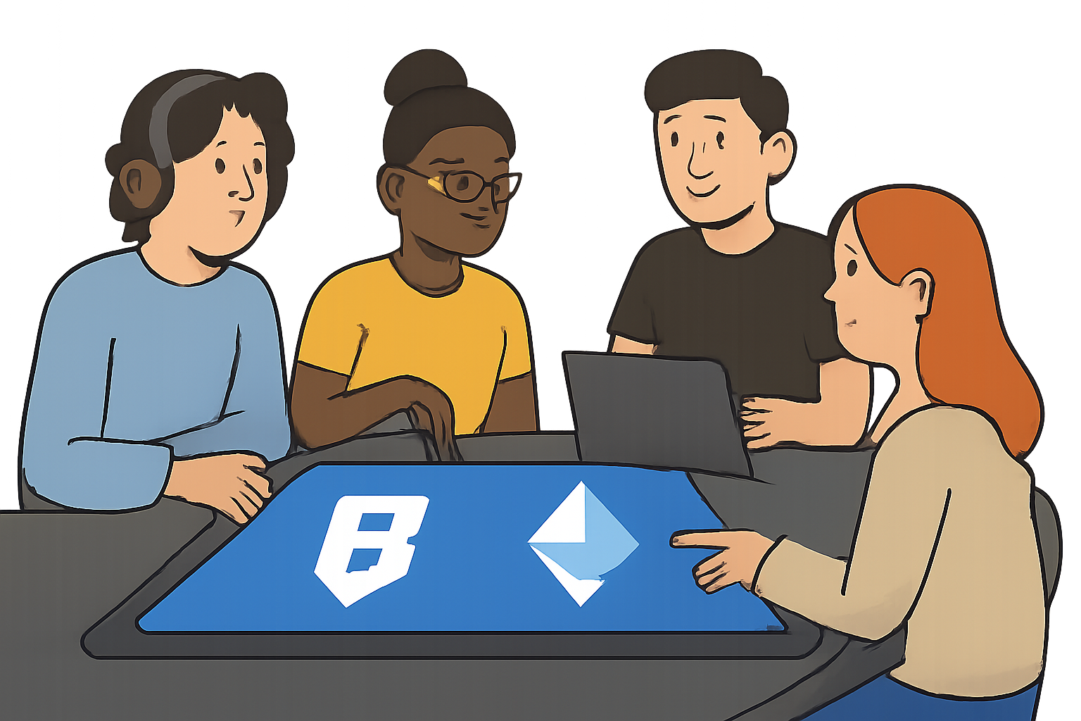 A diverse group of developers and gamers collaborating around a digital table with Ronin and Ethereum logos.