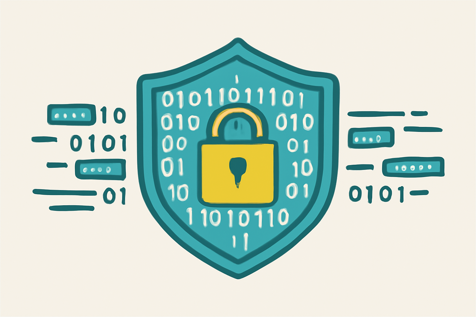 A shield made of digital code, with a lock and masked data streams, representing zero-knowledge security.