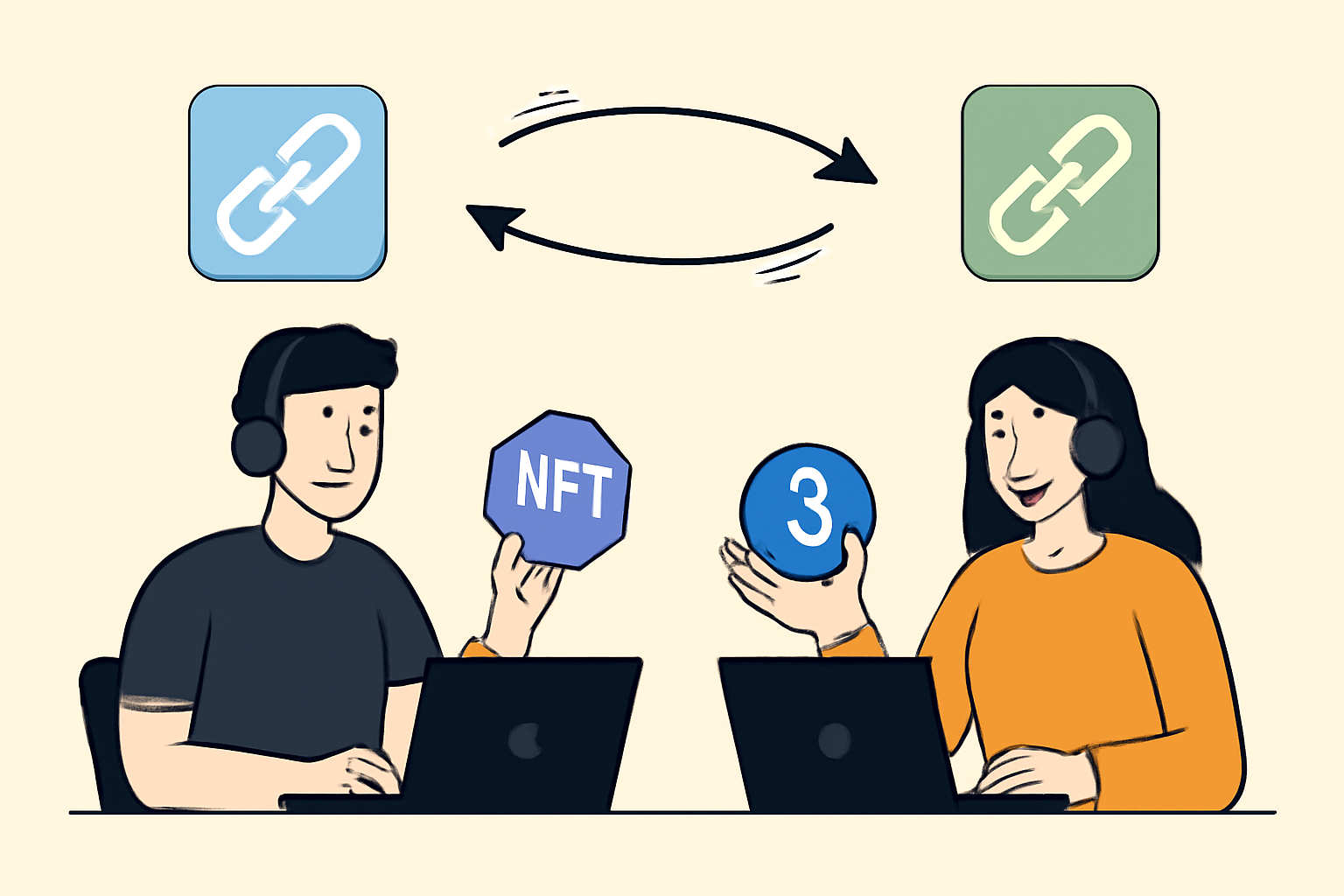 Gamers exchanging NFTs and tokens across different chains, with arrows showing fast and cheap transfers.