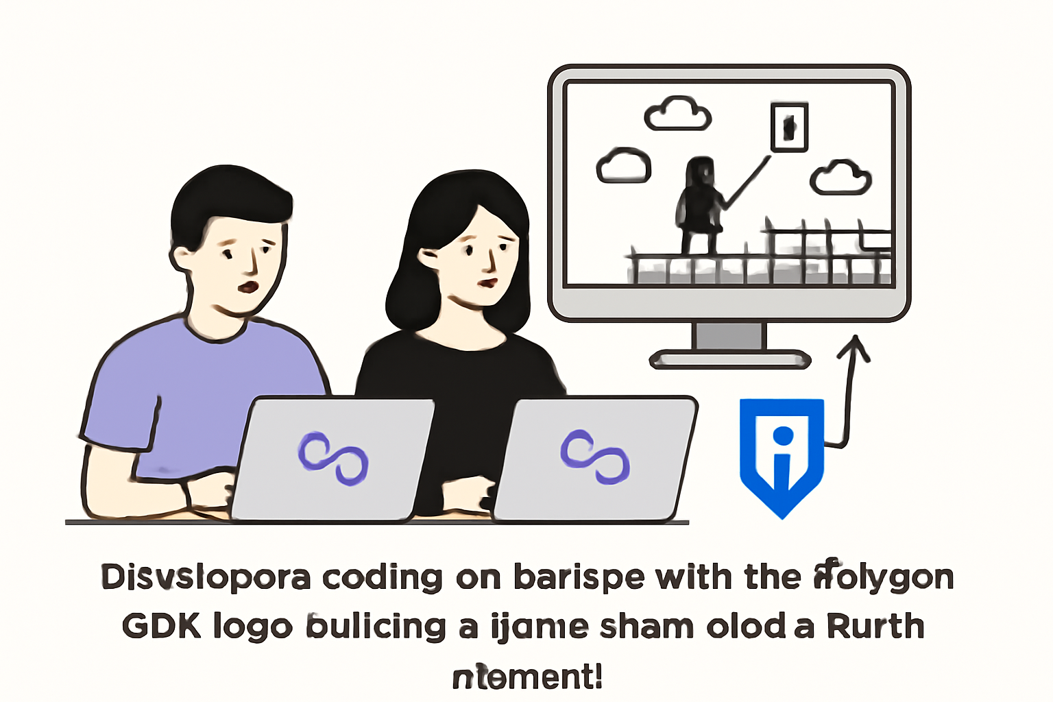 Developers coding on laptops with the Polygon CDK logo, building a game chain atop the Ronin mainnet.