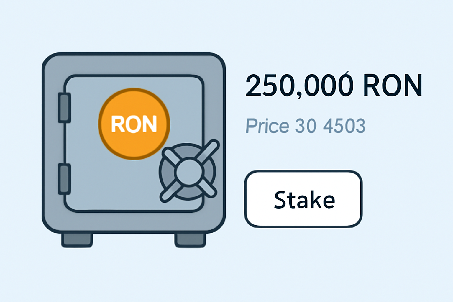 A digital vault with 250,000 RON tokens, showing the current price ($0.4903) and a 'Stake' button.
