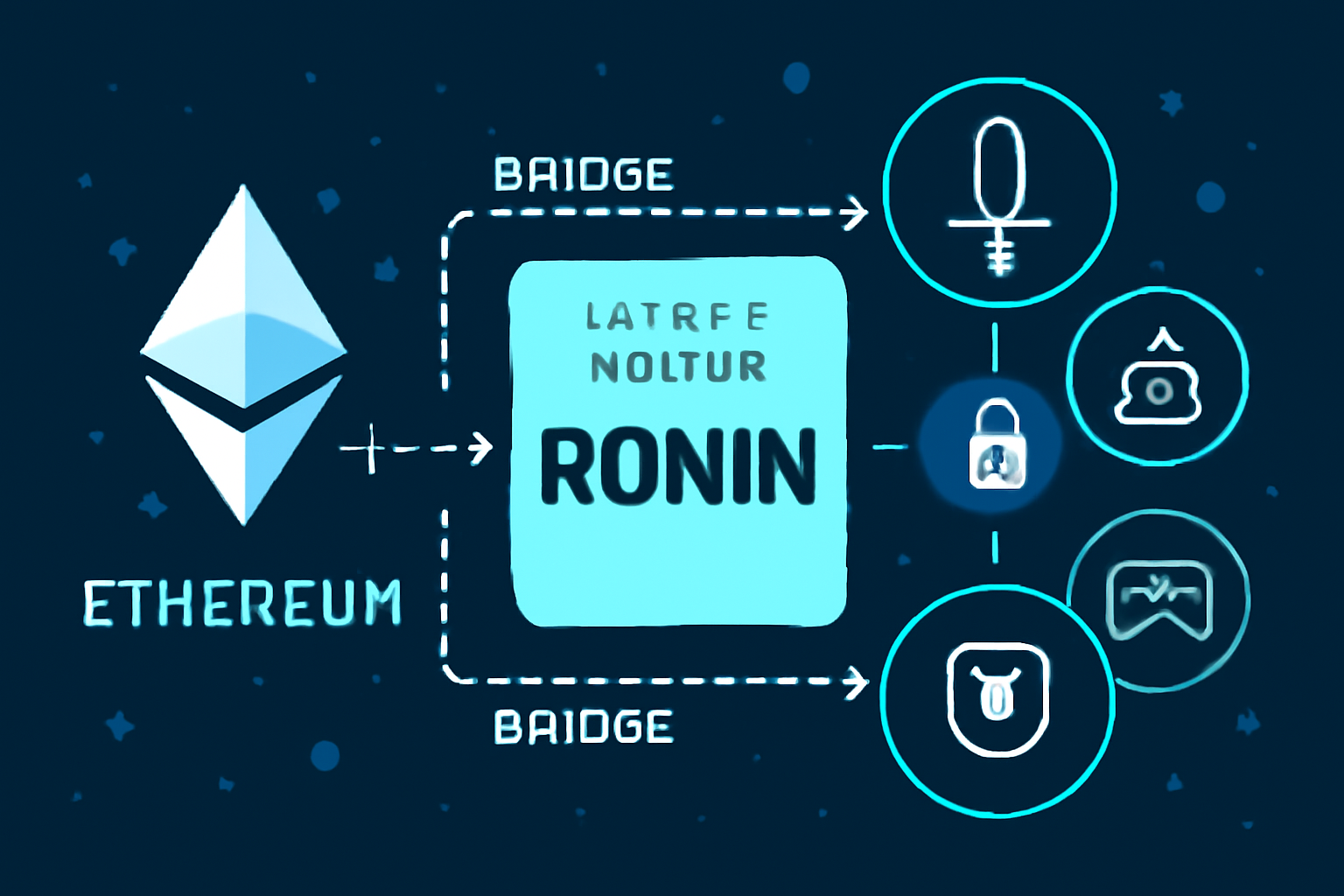 A futuristic diagram showing Ronin's Layer 2 rollup architecture connected to Ethereum, with game icons and secure bridges.