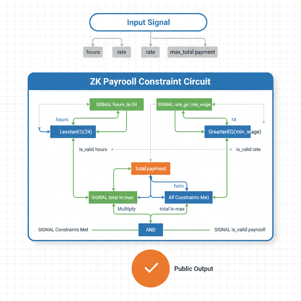 detailed circom circuit diagram for zk payroll hours rate constraints