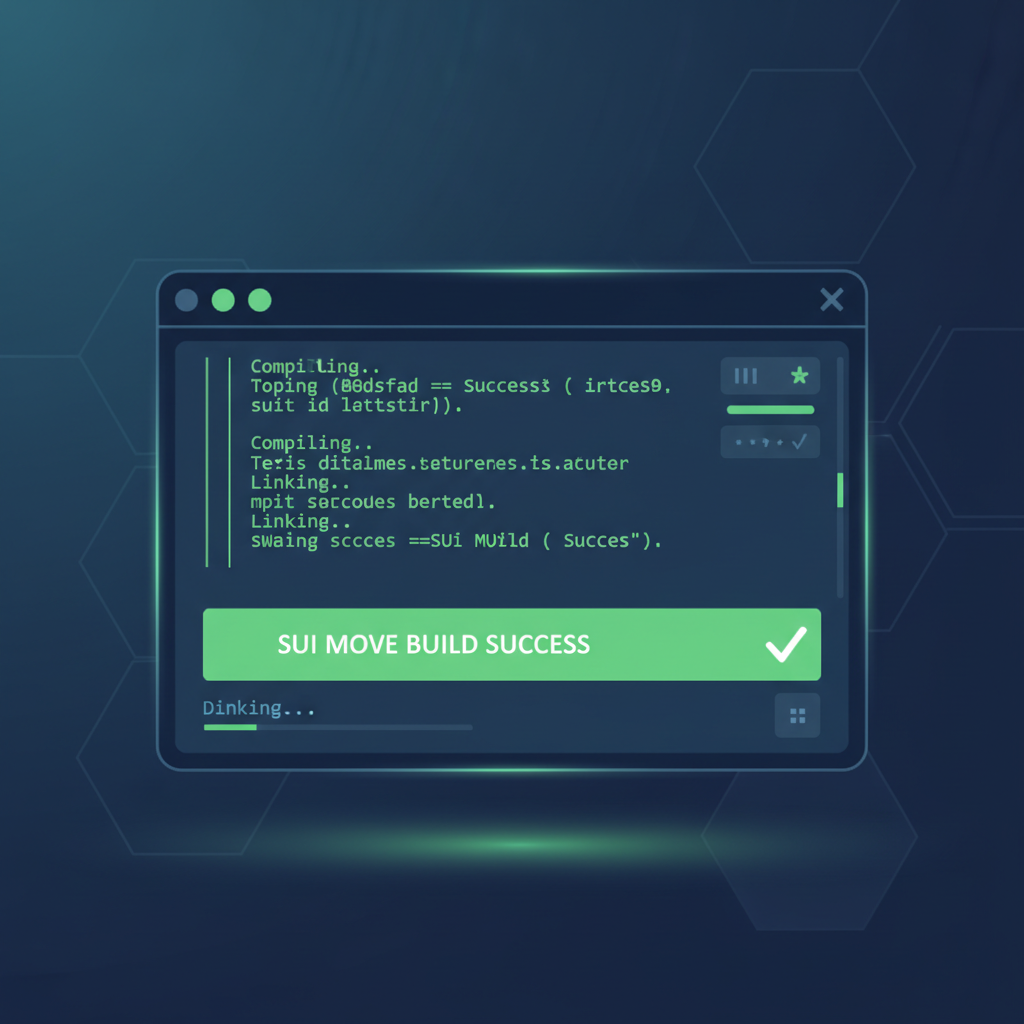 terminal screen running sui move build success, glowing green code, futuristic blockchain UI