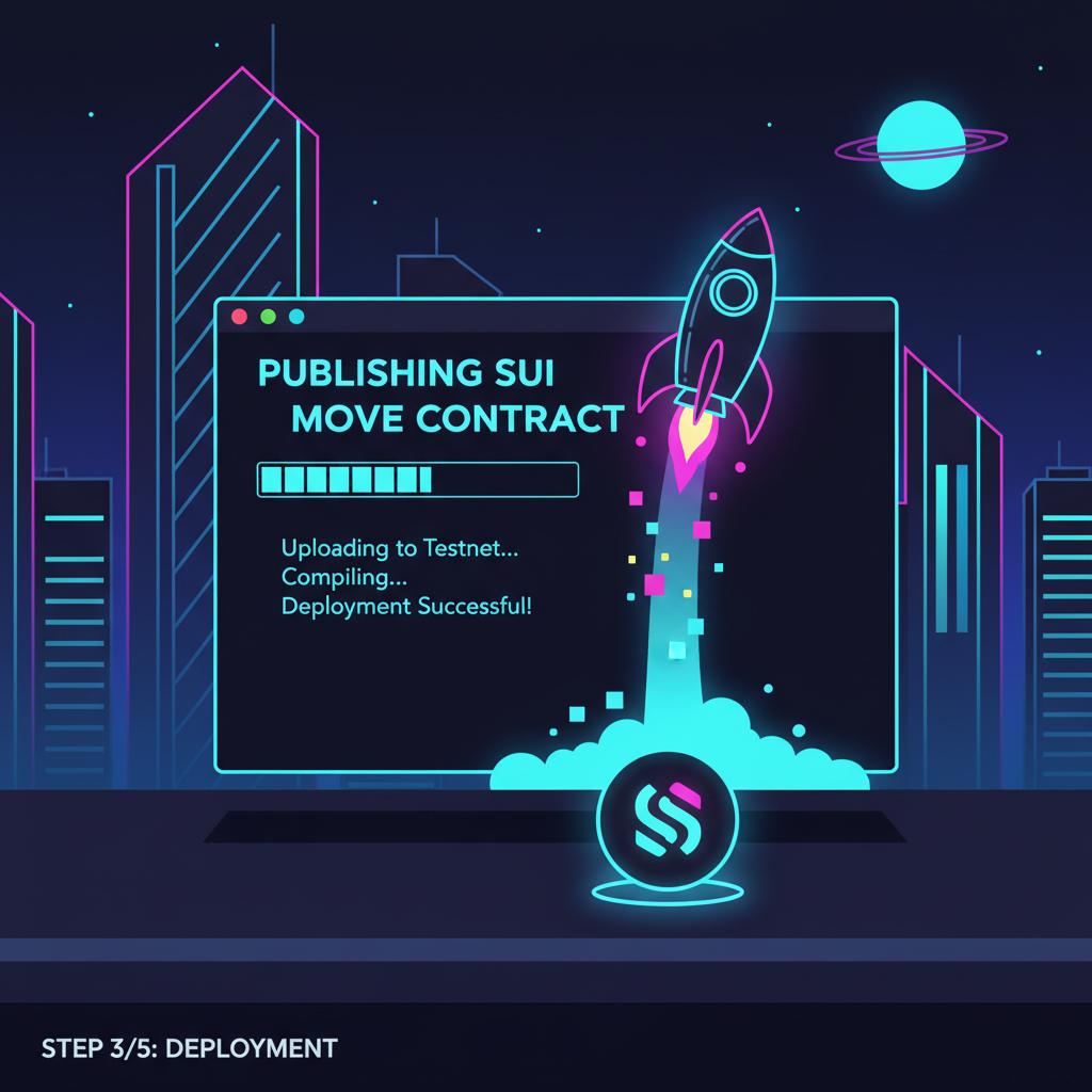 CLI terminal publishing Sui Move contract to testnet, rocket launch animation, neon cyberpunk vibes