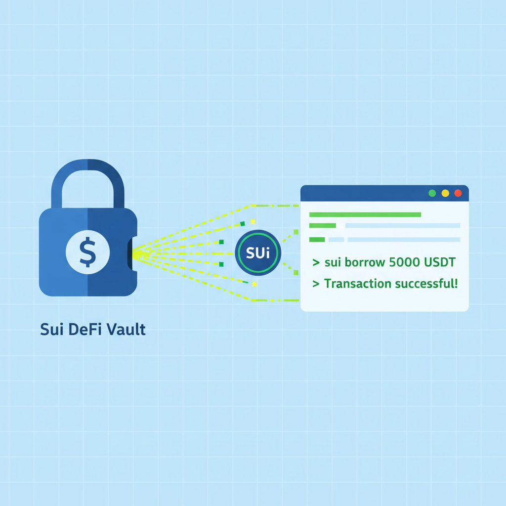 CLI borrowing crypto from Sui DeFi vault, money beams extracting, high-energy finance scene