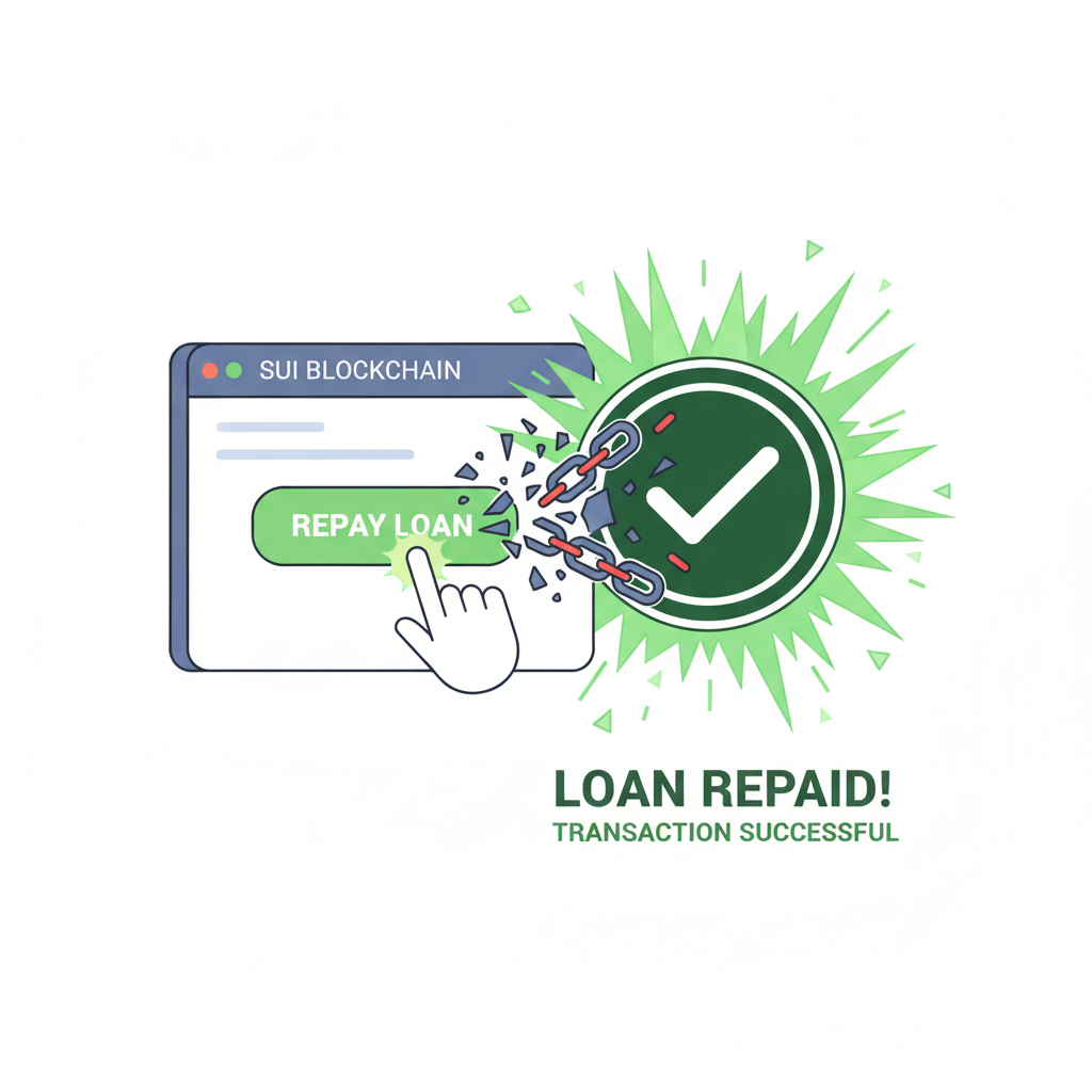 Terminal repaying loan on Sui blockchain, chains breaking, triumphant green success