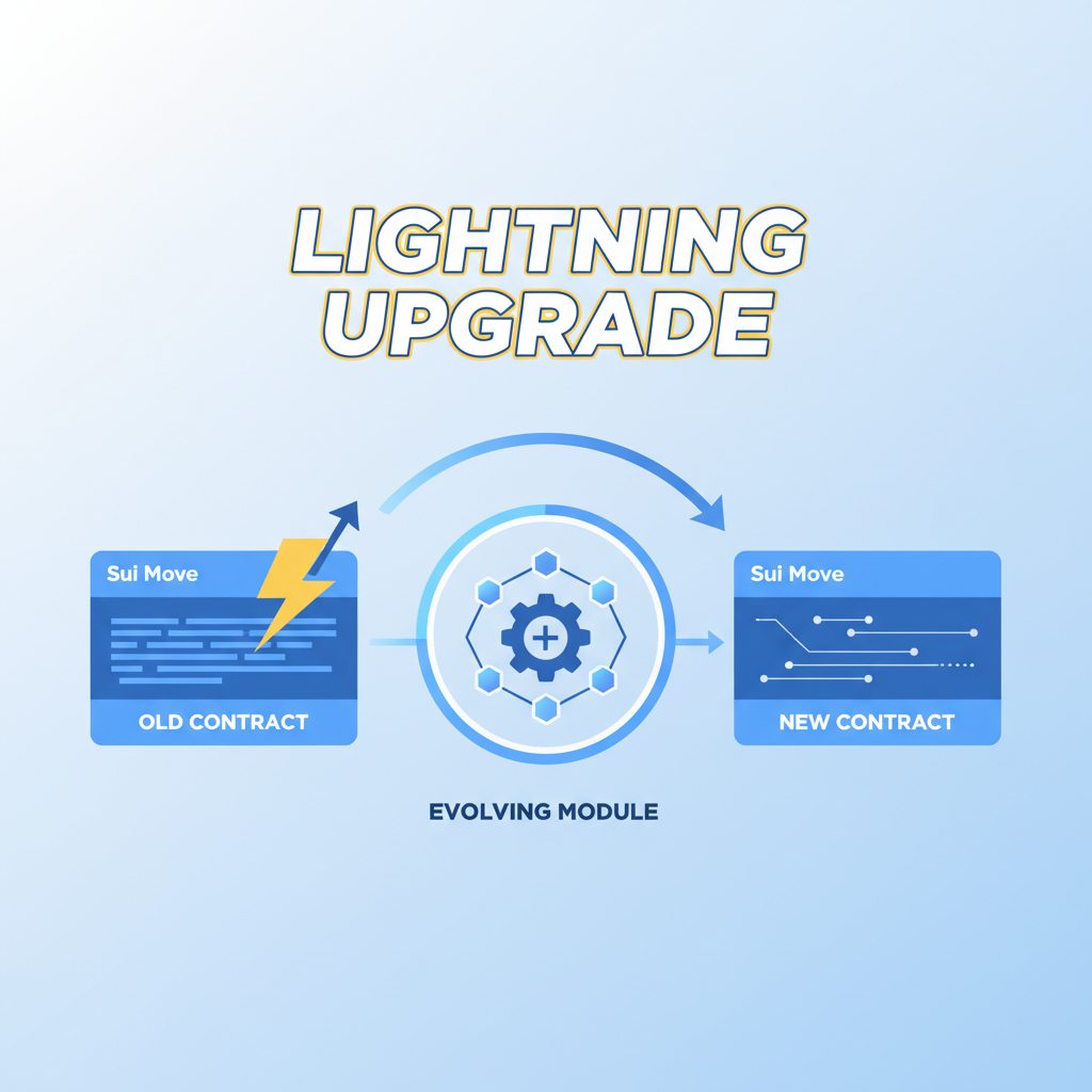 Sui Move code upgrading smart contract, lightning upgrade bolt, evolving module graphic