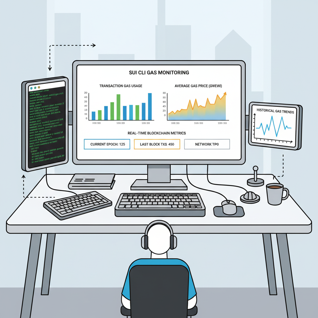 Sui CLI gas monitoring dashboard, charts of gas usage, real-time blockchain metrics, pro trader setup