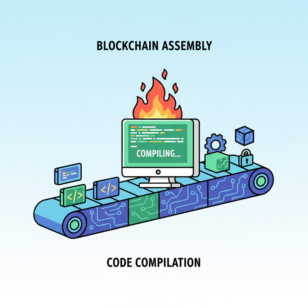 compiling code flames bursting from terminal on blockchain assembly line