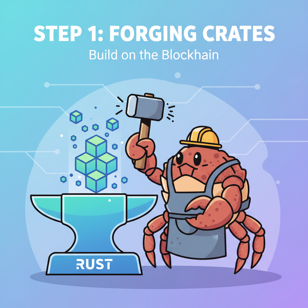 energetic rustacean crab wielding hammer on glowing blockchain forge