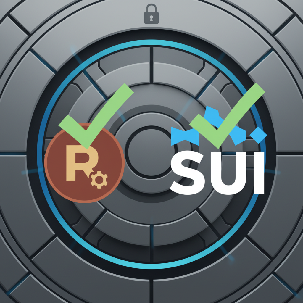 checkmark icons over rust and sui logos on secure vault background