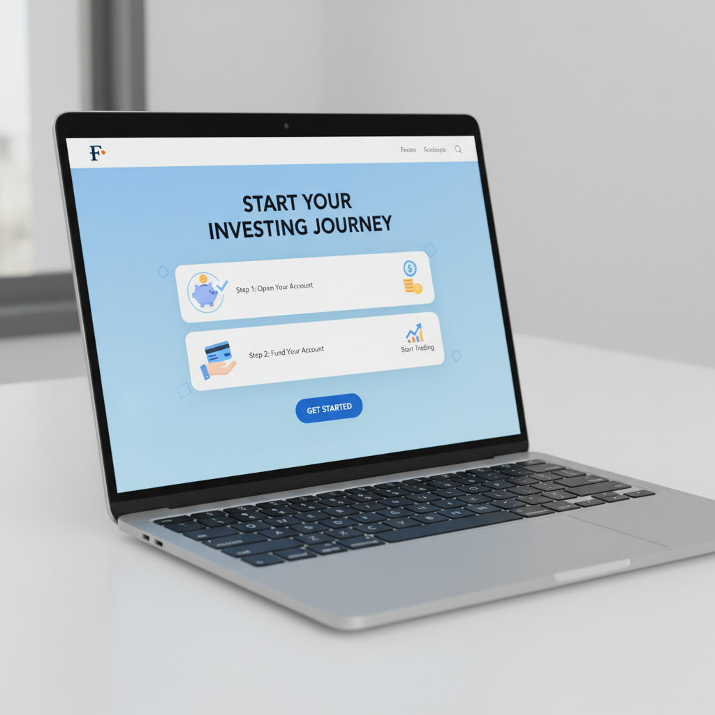 Modern laptop screen showing Fidelity brokerage signup page, clean blue interface, beginner-friendly design