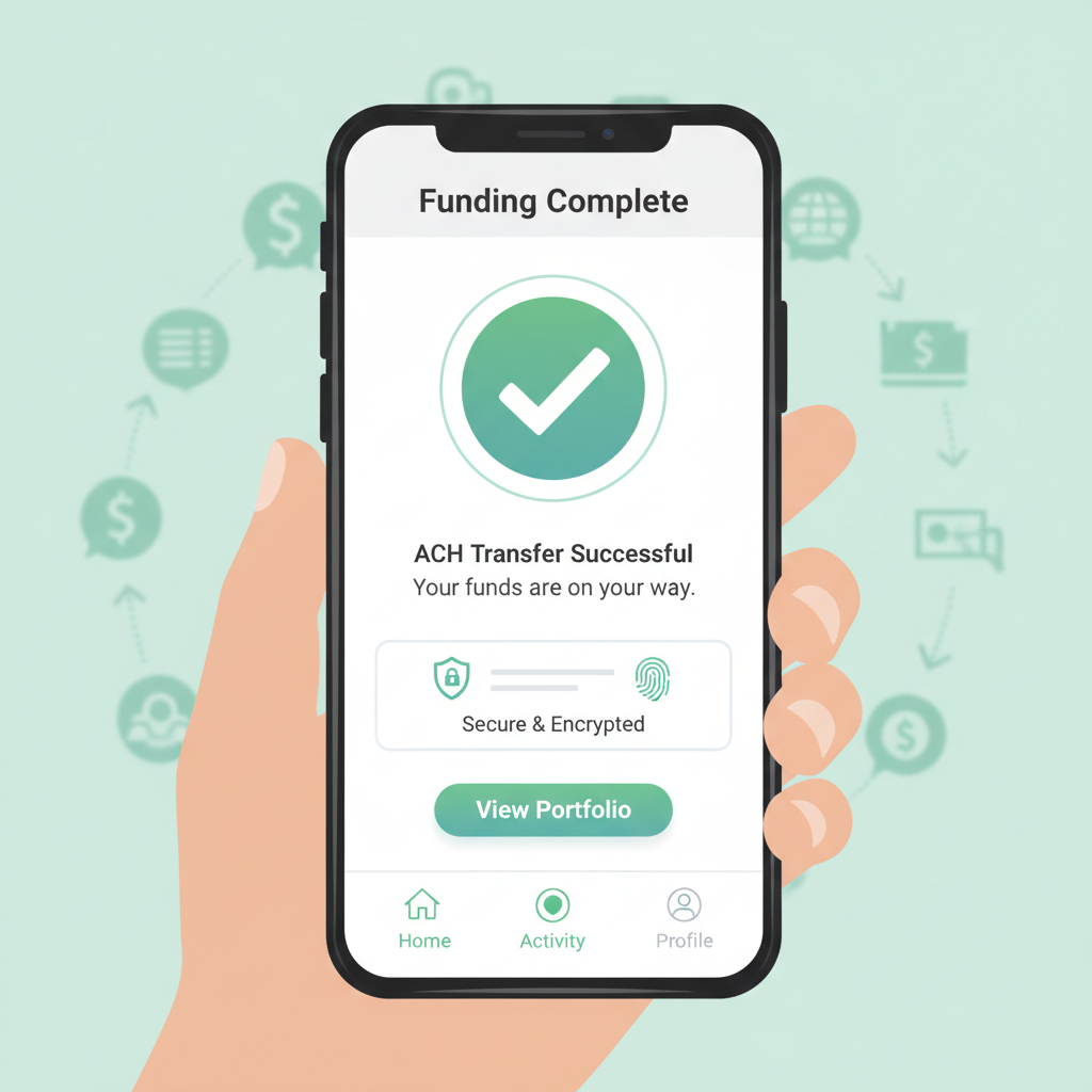 Smartphone app interface funding brokerage via ACH bank link, green checkmark confirmation, secure icons