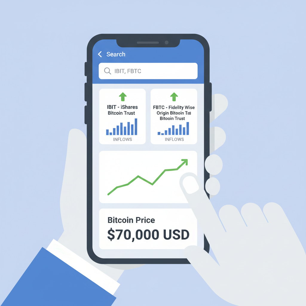 Brokerage app search results for IBIT and FBTC ETFs, charts showing inflows, Bitcoin price $70K